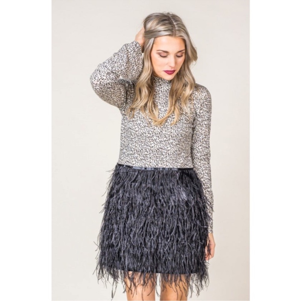 TYLER BOE Cheetah Feather Black Dress Bell Sleeve Cocktail Party Holiday SMALL